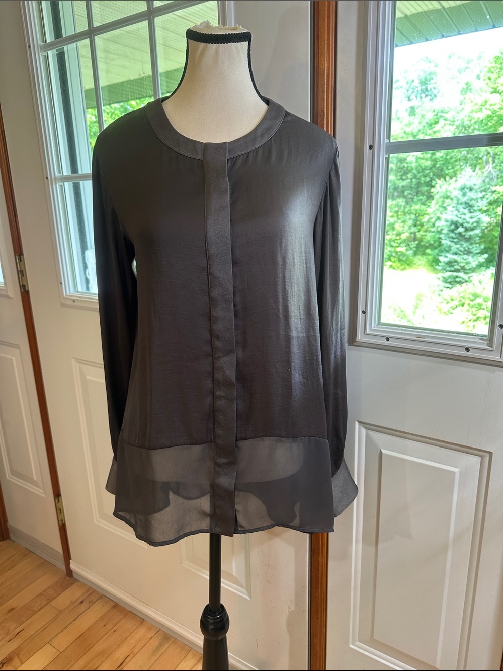 rag & bone Charcoal Sheer-Hem Long Sleeve Blouse